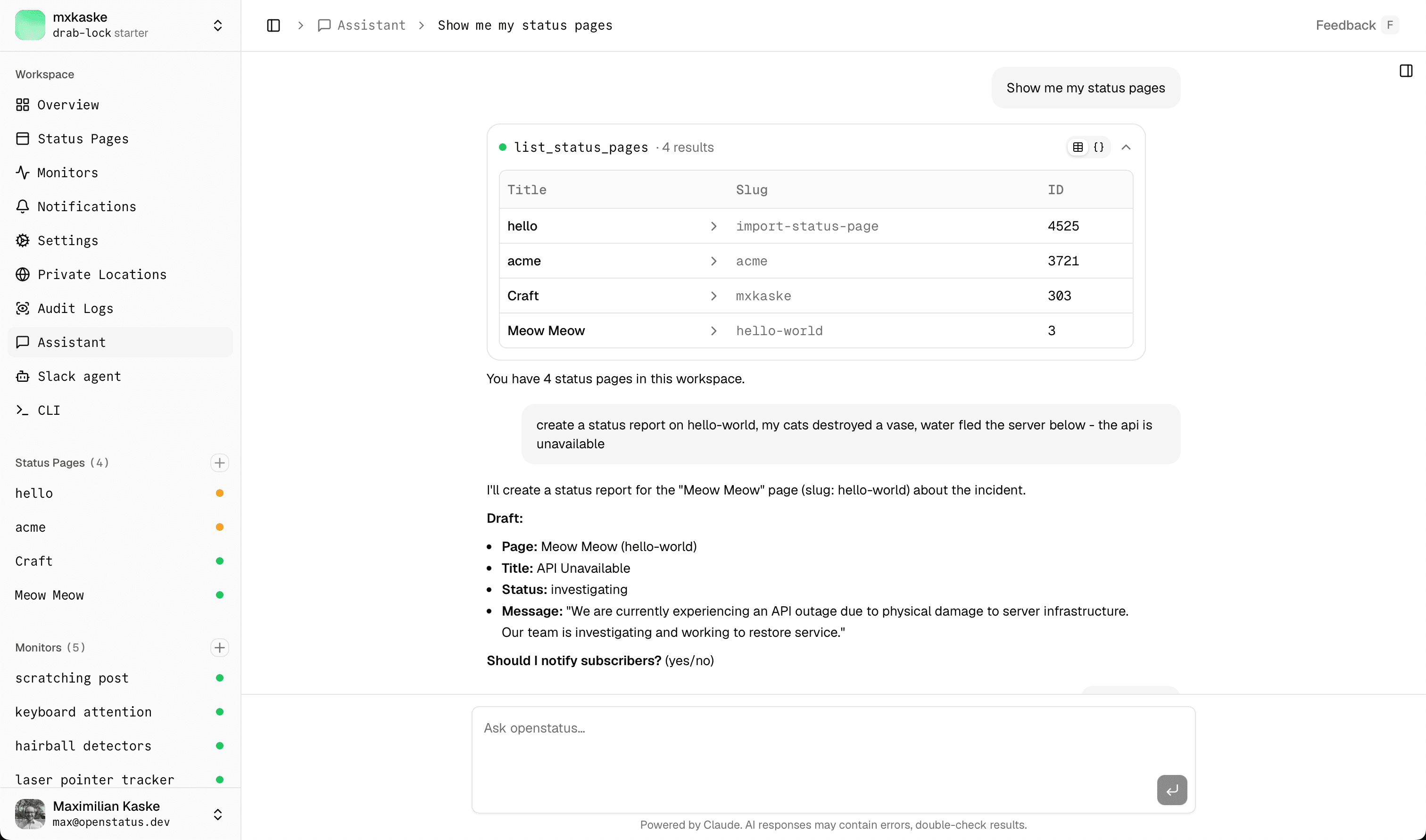 Expanded list_monitors card in Rich view, rendering monitor rows in a ResultTable